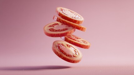 Fresh Red Tomato Slices Floating Stacked Against Plain Pink Background