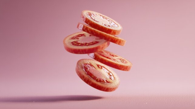 Fresh Red Tomato Slices Floating Stacked Against Plain Pink Background