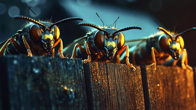 Three hornets are perched on a piece of wood, facing forward with their antennae raised. The background is dark and out of focus, highlighting the insects' detailed features.