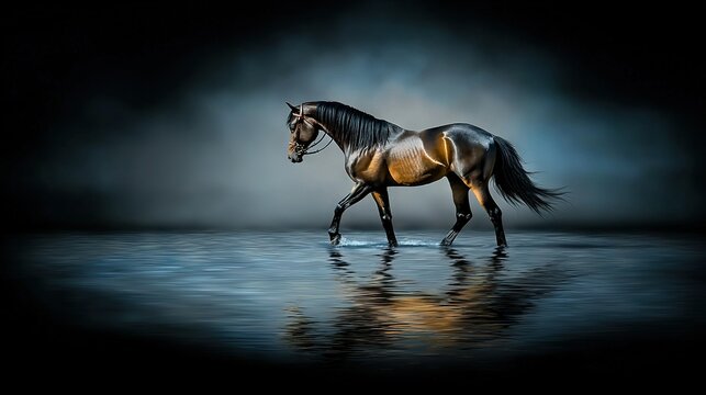   A horse wading through a dimly lit room with a beam of light illuminating its glossy coat