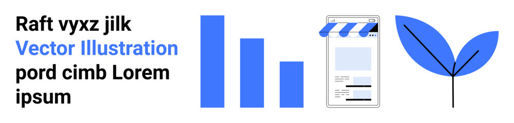 Bar chart and mobile storefront combined with a leaf representing growth, digital commerce, green initiatives, business analytics, mobile marketing, e-commerce, and modern technology ideal