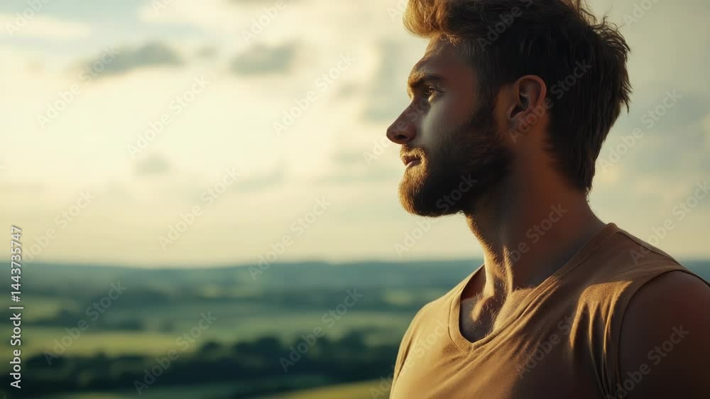 Poster A man with a beard standing in a field, looking out at the viewer