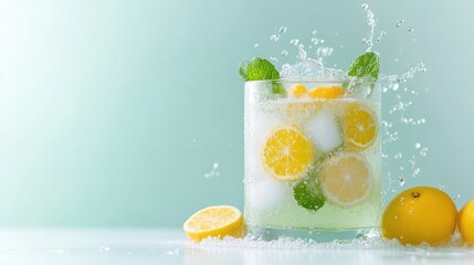 Refreshing citrus water splash.  A glass filled with icy water, lemon, and mint, creating a burst of freshness