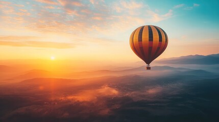 Obraz premium Sunrise hot air balloon adventure over misty mountains