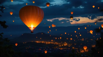 Obraz premium Night hot air balloons over city