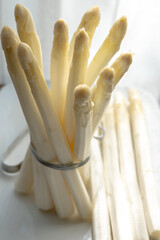 Dutch farmers high quality products, washed and peeled fresh white asparagus, seasonal vegetarian food