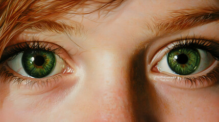 Naklejka premium Close-up portrait of a girl's vibrant green eyes, soft lighting, detailed irises, skin texture. Use eye care, beauty, art