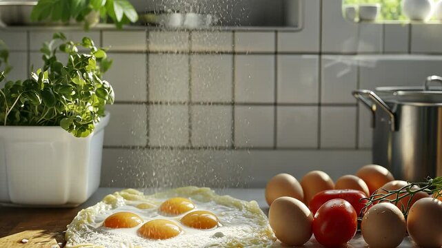 Eggs being seasoned on a countertop alongside whole eggs, tomatoes, and a potted plant. The background has a tiled wall and kitchen utensils, suggesting food preparation.