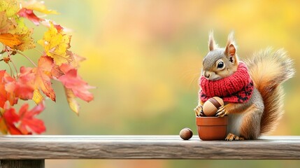   A squirrel wearing a red sweater cradles an egg in a flowerpot, perched on a wooden bench amidst falling autumn leaves