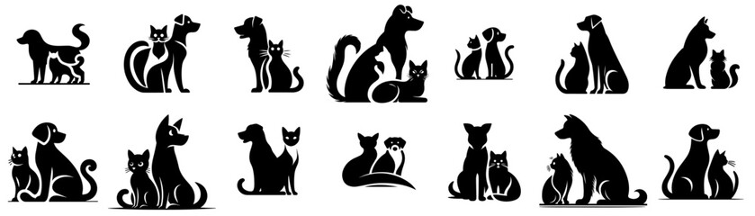 vector set of cat silhouettes with dogs