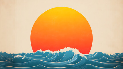 Summer retro poster. Sun over the sea waves. Vintage grunge style