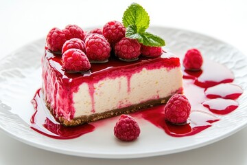 Raspberry cheesecake with sauce on a plate. AI generated illustration.