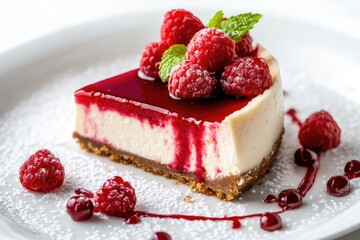 Raspberry cheesecake with sauce on a plate. AI generated illustration.
