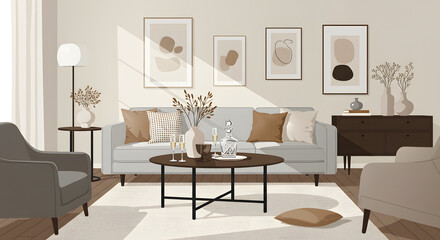 A modern living room setup with a centerpiece table adorned with glassware and minimalist decor, surrounded by neutral-toned furniture. Vector Illustration