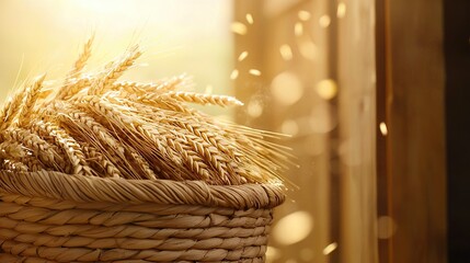   A close-up of a basket filled with wheat on a sunlit windowsill