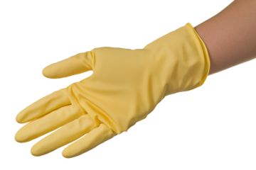 Hand with yellow protective glove safety and hygiene Palm open against black background
