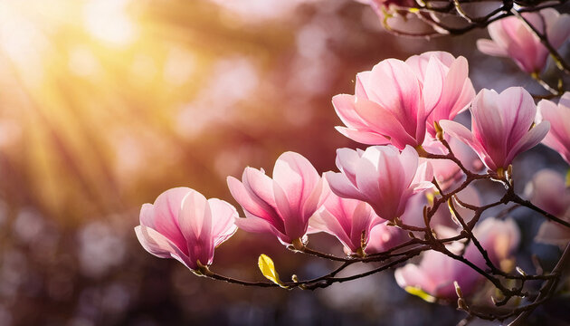 blooming pink magnolia flowers on a branch spring tree in the sunshine - Powered by Adobe