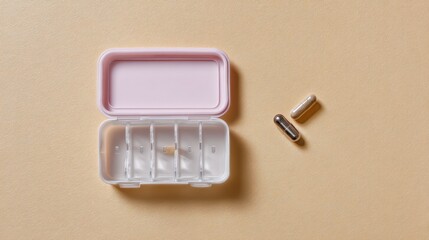 Fototapeta premium Open plastic pill organizer with four compartments and two capsules on beige background