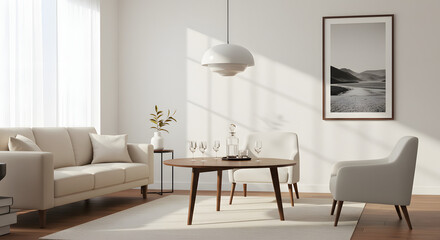 A modern living room setup with a centerpiece table adorned with glassware and minimalist decor, surrounded by neutral-toned furniture. Vector Illustration