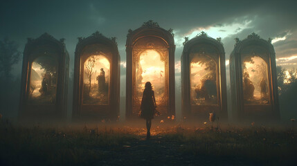 Girl facing ornate mirrored portals, sunset landscape, mystical fantasy art, ideal for fantasy game or book cover
