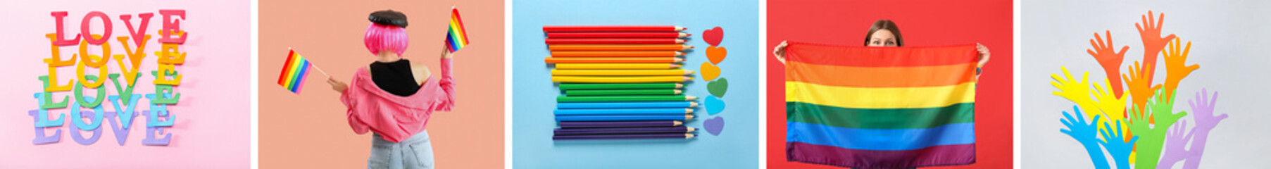 Fototapeta premium Collage of LGBT flag with women, paper hands and pencils on color background