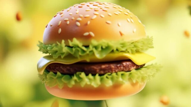 Animated Hamburger Ingredients Exploding Dynamically in Smooth Orbit Motion for 4K Close-Up Shot