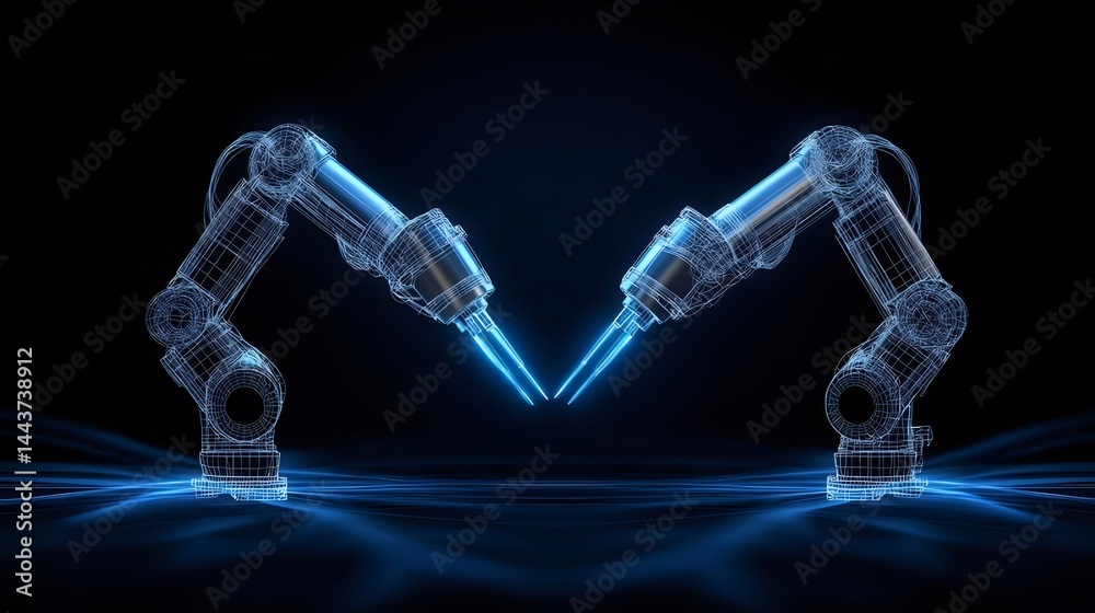 Aufkleber 青い光を放つロボットアームのデジタル表現 黒背景に未来的な技術概念