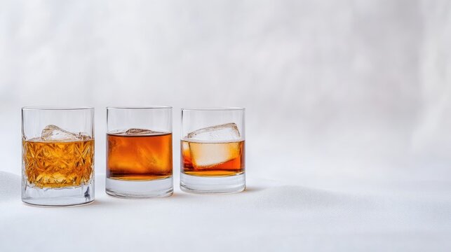 Three glasses of whiskey with ice on a white surface, showcasing different levels of fill, and elegant and minimalist composition.