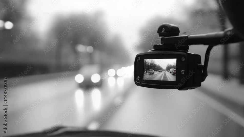 Poster a car's rear view mirror with a car visible in the background, ideal for travel or transportation th