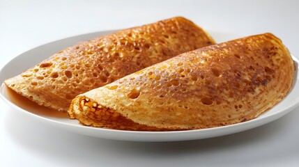 Two delicious golden brown crispy pancakes are served on a white plate ready to be enjoyed for breakfast.