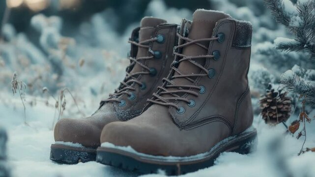 A pair of brown boots sitting on top of snowy ground, ready for winter adventure