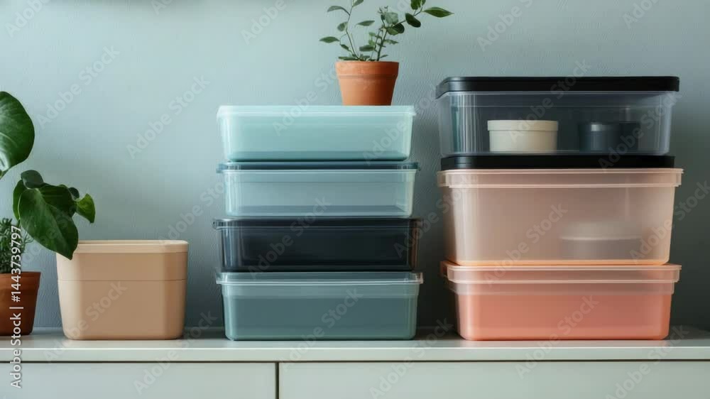 Fototapete stack of plastic containers on a table with various uses