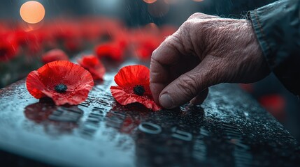 A hand gently arranging poppies on a memorial