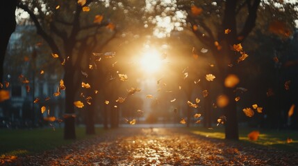 Golden autumn leaves dance in the sunlight through a park pathway.