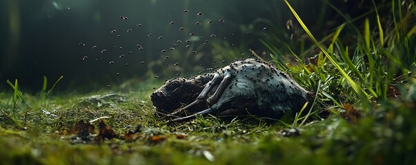 Naklejka premium Decaying animal carcass lies in grass swarming with flies