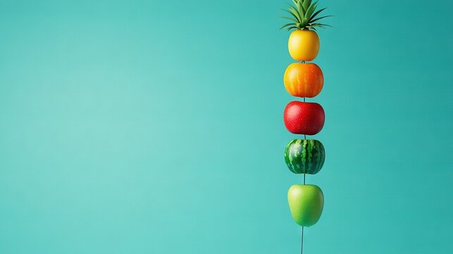   A cluster of fruits dangling from a string above a blue backdrop with a pineapple at its center
