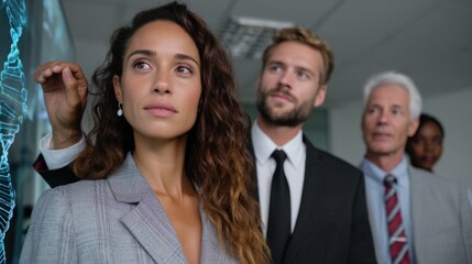 Business professionals analyzing DNA strand on transparent screen in modern office