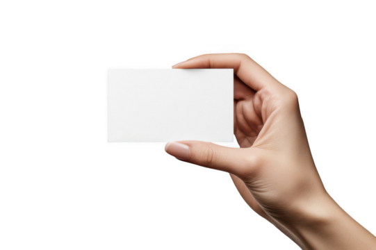 Hand holding an empty card against a transparent background for creative design possibilities and versatile applications