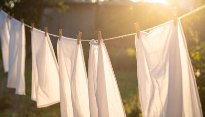 Soft light passing through sheer fabric hanging on a clothesline in the wind