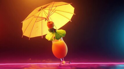 Animated Tropical Drink with Umbrella and Twirling Fruit in Neon Background - Close Up 4K Shot - Powered by Adobe