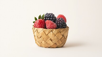   A wicker basket brimming with fresh raspberries atop a white tabletop