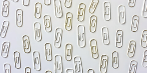 White paperclips scattered on a white background, office supplies, simple design, flat lay