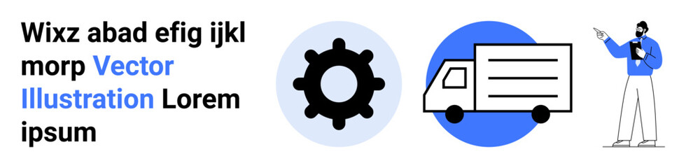 Gear and truck icon represent delivery operations while a presenter points to concepts. Ideal for logistics, services, supply chain, presentations, management, delivery apps, simple landing page