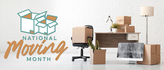 Desk with boxes, wrapped computer monitor and chair in office on moving day