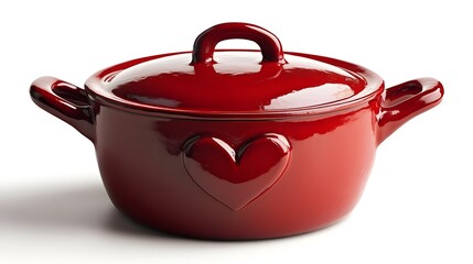 A charming red ceramic casserole dish with a heart design sits on a white background ready for cooking delicious meals.