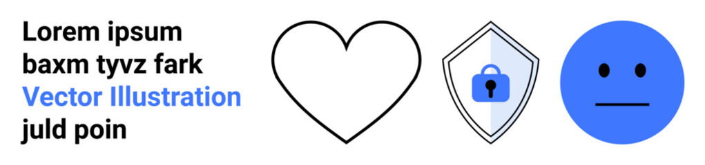 Text block, outlined heart, shield with lock icon, neutral face. Ideal for security, relationships, emotion, data protection connection privacy themes. Perfect flat landing page banner