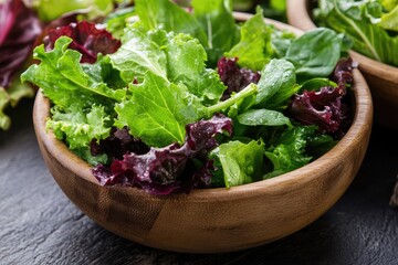 Salad greens in a wooden bowl. AI generated illustration.