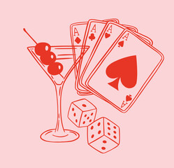 Casino Las Vegas gaming cards with cocktail illustration. Bachelorette Party.
