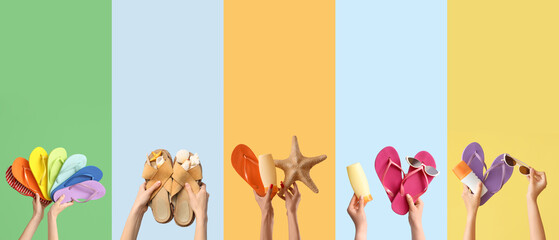 Collage of hands holding flip-flops on color background