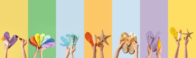 Group of hands holding flip-flops on color background